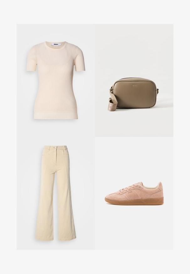 Creme ribbet kortærmet top med rund hals. Fremstillet af et blødt materiale, som har en tætsiddende pasform og en subtil tekstur. DKNY mærket synligt.; Beige vidde jeans med høj talje, forlommer og kontrasterende syninger, udstyret med en knaplukning og en glat bomuldsstruktur.; Lyserøde suedestøvler med gummisål, rund tå og snørebåndslukning. Har minimal branding på siden og hælen.; Taupe rektangulær læder crossbody taske med gyldent BOSS-logo og aftagelig mærket stofrem på hvid baggrund.