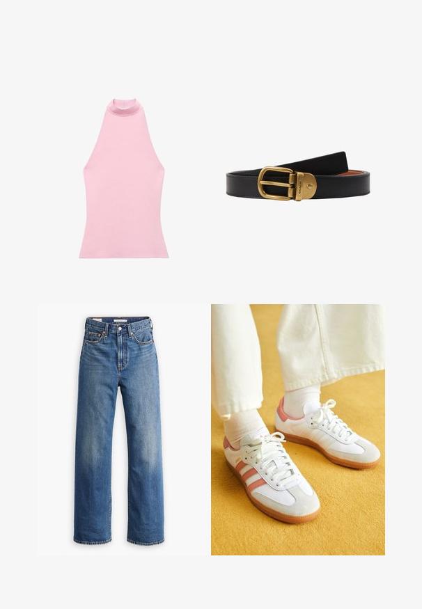 Lyserød ærmeløs top med høj krave, lavet af et glat strikstof. Har en tætsiddende form og rene kanter. Ingen synlige mønstre eller detaljer.; Lyseblå denimjeans med høj talje, bred benstil, klassisk fem-lomme design og subtil falmning på stoffet.; Hvide sportsko med lyserøde accenter, lavet af ruskind og læder, rund tå og gummisål, vist med lyse sokker på en gul baggrund.; COACH Bælter - black/saddle