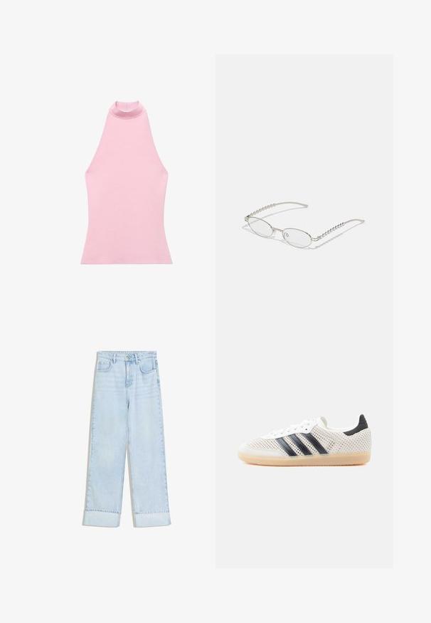 Lyserød ærmeløs top med høj krave, lavet af et glat strikstof. Har en tætsiddende form og rene kanter. Ingen synlige mønstre eller detaljer.; Lyseblå denimjeans med høj talje, vidde ben, oprullede manchetter og to forlommer. Stoffet har en let falmet tekstur.; Hvide mesh-sneakers med sort tre-stribet design, rundet tå og gummisål. Har blød hælkant og snørelukning.; Ovale briller med en metallisk sølvramme, klare linser og strukturerede perleaccentede stænger. Letvægtsdesign med buede arme.