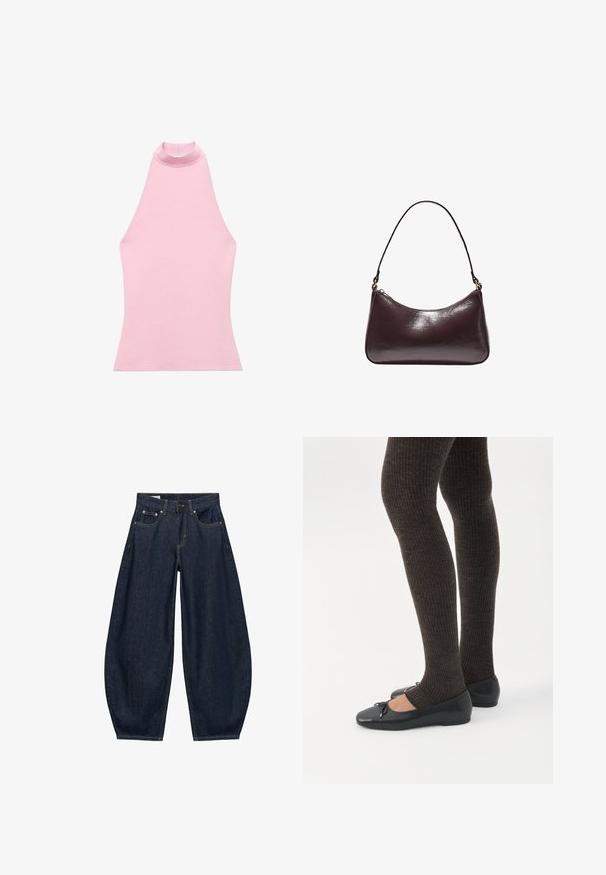 Lyserød ærmeløs top med høj krave, lavet af et glat strikstof. Har en tætsiddende form og rene kanter. Ingen synlige mønstre eller detaljer.; Mørkeblå vidde jeans med frontlommer, bæltestropper og knaplukning i taljen.; Ben iført mørke ribbede leggings kombineret med sorte balletsko med små sløjfedetaljer på hvid baggrund.; Brun skuldertaske i imiteret læder med en buet form, glat tekstur, kort rem og minimalistisk design. Har diskrete syningsdetaljer.