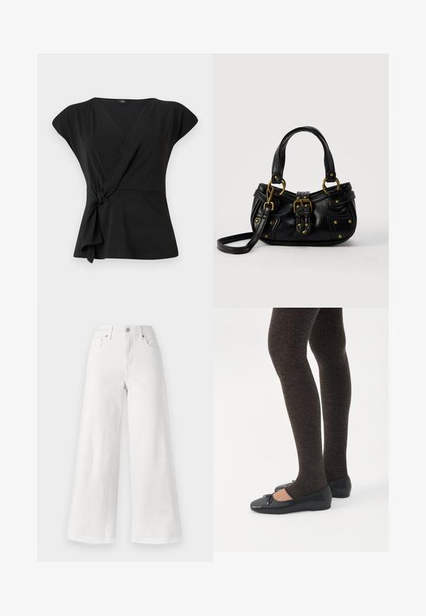 Haut noir à manches courtes, avec un détail noué à la taille et un tissu lisse et extensible. Design en V.; Jean large blanc en denim, avec une taille haute, un design à quatre poches et un ourlet brut en bas pour ajouter de la texture.; Jambes portant des leggings côtelés foncés associés à des ballerines noires avec de petits détails en nœud sur fond blanc.; Sac à main en cuir noir avec boucle dorée et détails à rivets, poignées courtes et bandoulière réglable sur fond blanc uni.