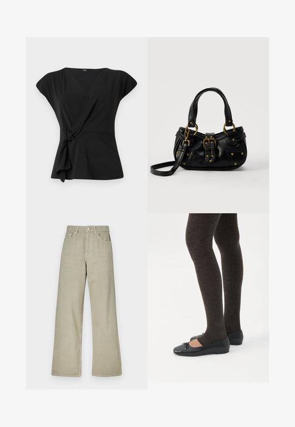 Haut noir à manches courtes, avec un détail noué à la taille et un tissu lisse et extensible. Design en V.; Jeans larges en khaki en mélange de coton. Comprend une fermeture à bouton, cinq poches et une finition en tissu propre et texturé.; Jambes portant des leggings côtelés foncés associés à des ballerines noires avec de petits détails en nœud sur fond blanc.; Sac à main en cuir noir avec boucle dorée et détails à rivets, poignées courtes et bandoulière réglable sur fond blanc uni.