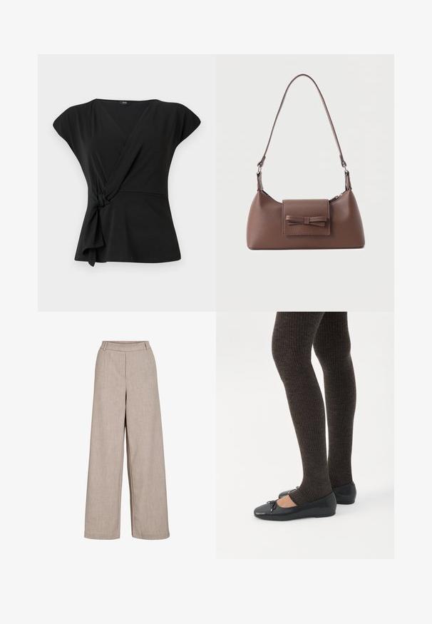 Haut noir à manches courtes, avec un détail noué à la taille et un tissu lisse et extensible. Design en V.; Pantalons larges beige en tissu léger. Présentent une texture lisse, une taille ajustée et des poches latérales pour un détail fonctionnel.; Jambes portant des leggings côtelés foncés associés à des ballerines noires avec de petits détails en nœud sur fond blanc.; Sac à bandoulière en cuir marron avec une poche à rabat avant ornée d'un détail en forme de nœud cousu et une sangle réglable.