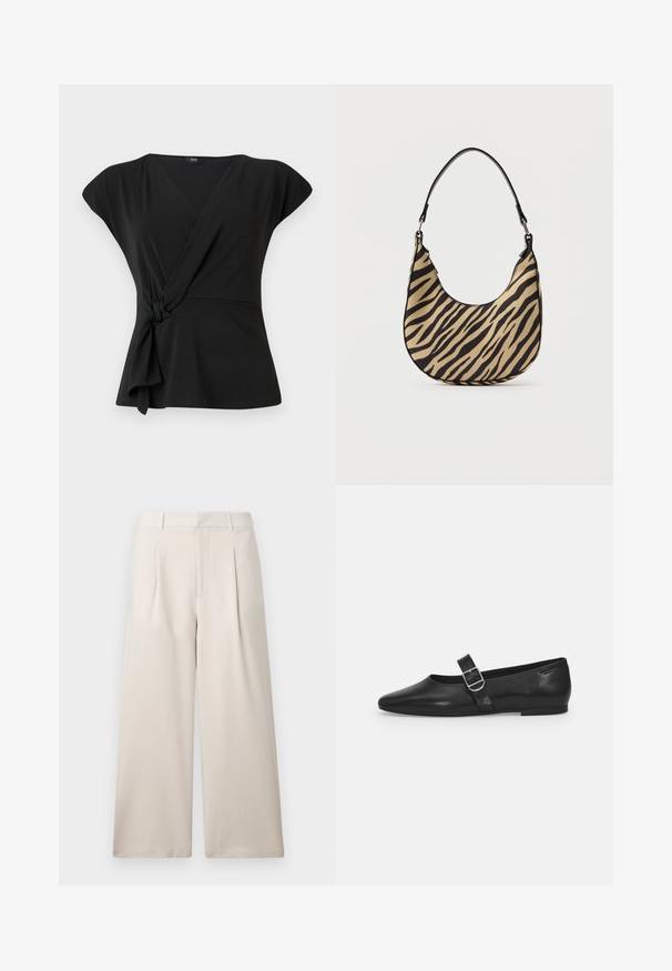 Haut noir à manches courtes, avec un détail noué à la taille et un tissu lisse et extensible. Design en V.; ONLY ONLLANDO PLEAT CULOTTE PANT - Pantalon classique - pumice stone; Chaussure plate en cuir noir avec un bout arrondi, une seule sangle réglable à boucle et une texture lisse et brillante. Design minimaliste avec un petit talon.; Sac à épaule en imprimé zèbre beige et noir avec un fond en courbe et une seule poignée noire, photographié sur un fond blanc uni.