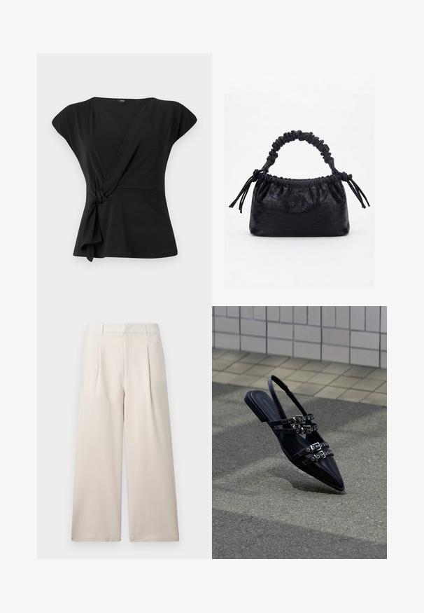 Haut noir à manches courtes, avec un détail noué à la taille et un tissu lisse et extensible. Design en V.; ONLY ONLLANDO PLEAT CULOTTE PANT - Pantalon classique - pumice stone; Sandale plate noire à bout pointu avec plusieurs sangles à boucle et un talon arrière, positionnée au-dessus d'une surface pavée et d'un mur carrelé en arrière-plan.; Sac à main noir avec texture crocodile, bord supérieur froncé, poignée plissée et pompons à cordon de chaque côté sur fond blanc.