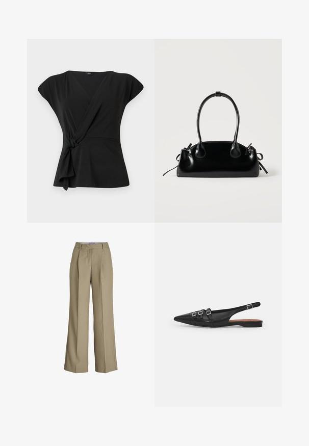 Black wrap top with short sleeves, featuring a knotted detail at the waist and a smooth, stretchy fabric. V-neck design.; Beige wide-leg trousers featuring a high waist, front pleats, and a smooth fabric texture. Classic design with a tailored finish.; Black leather slingback flat shoe with pointed toe, featuring two horizontal straps and square silver buckles, low heel, and smooth texture.; Small black glossy handbag with two long handles and side drawstring details on a plain light background.