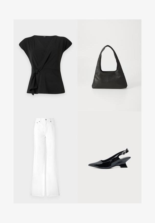 Haut noir à manches courtes, avec un détail noué à la taille et un tissu lisse et extensible. Design en V.; Jean en denim blanc évasé avec une taille haute, cinq poches et fermeture à bouton en métal. Texture lisse, design épuré ; jambes droites s'évasant au bas.; Chaussure slingback en cuir verni noir avec bout pointu et petit talon bloc incliné sur fond clair uni.; Sac à main en cuir noir de forme triangulaire, avec une grande poignée découpée et des coutures détaillées le long des bords. Texture lisse.