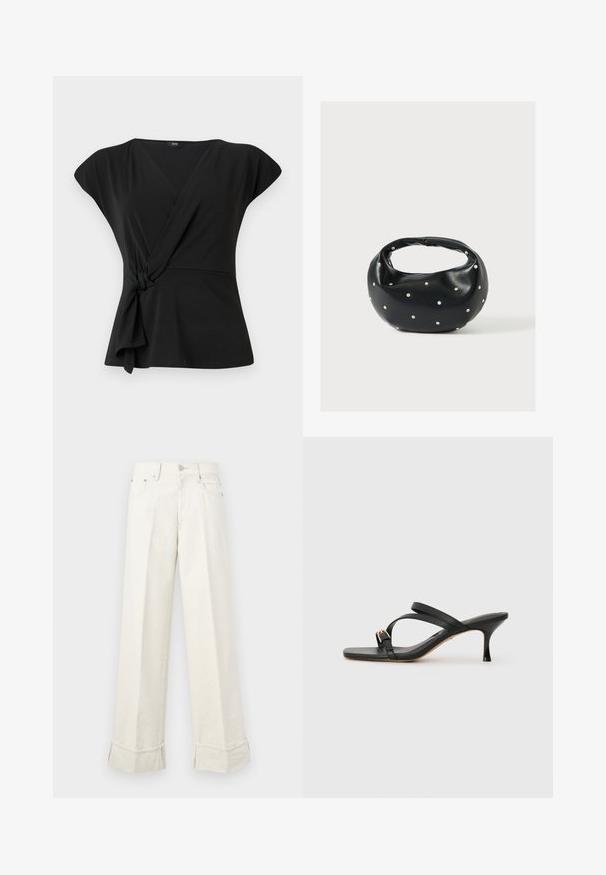 Black wrap top with short sleeves, featuring a knotted detail at the waist and a smooth, stretchy fabric. V-neck design.; Wide-leg cream trousers made of cotton, featuring a folded hem and belt loops. Designed with two front pockets and a front button closure.; Black heeled sandals with a square toe, two crossing straps, gold buckle accent, and a slim high heel. Smooth leather texture.; Black leather handbag with a rounded shape, decorated with silver stud accents, and a short handle. Smooth texture and zipper closure.