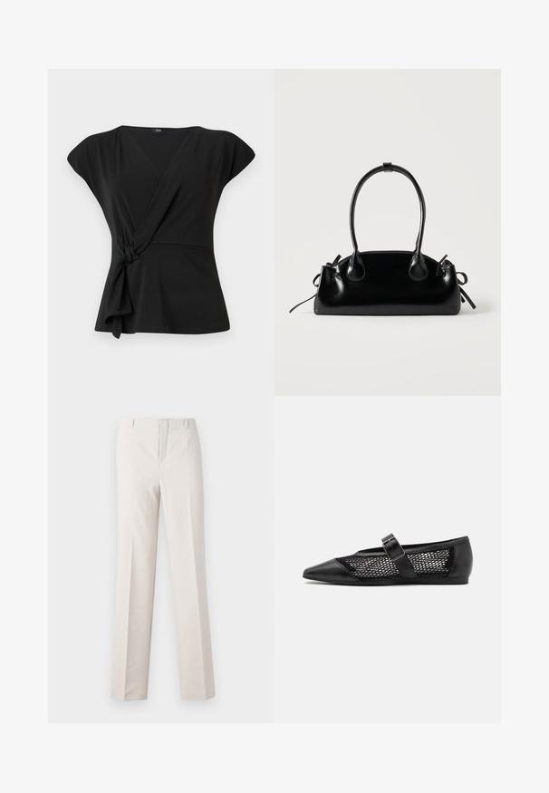 Haut noir à manches courtes, avec un détail noué à la taille et un tissu lisse et extensible. Design en V.; Pantalons beige sur mesure avec une coupe droite, présentant une texture lisse, deux poches avant et sans détails matériels visibles.; Chaussure plate noire avec un bout pointu, panneaux latéraux en maille et une sangle avec une boucle décorative. Fini lisse sur les sections du bout et du talon.; Petit sac à main noir brillant avec deux longues anses et des détails à cordon sur les côtés sur un fond clair uni.