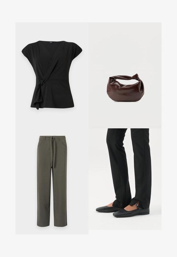 Haut noir à manches courtes, avec un détail noué à la taille et un tissu lisse et extensible. Design en V.; Pantalons vert olive en tissu doux, à coupe droite, avec des poches arrière et latérales, et un lien à la taille.; Jambes vêtues d’un pantalon slim noir avec des fentes à l’avant de l’ourlet, assorties à des chaussures plates Mary Jane noires avec une petite bride à boucle.; Sac bandoulière en cuir marron foncé avec une forme souple et décontractée et une anse nouée torsadée sur un fond blanc uni.