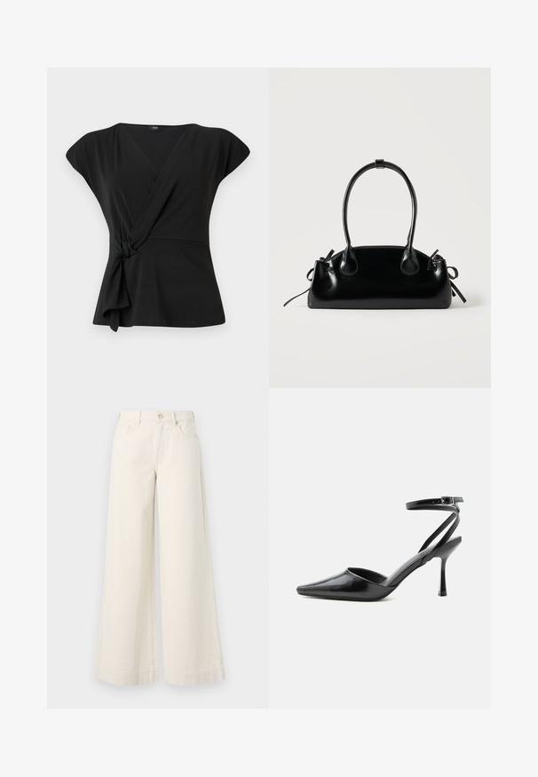 Haut noir à manches courtes, avec un détail noué à la taille et un tissu lisse et extensible. Design en V.; Pantalons en denim beige clair à jambes larges, taille haute, avec deux poches avant, fermeture à bouton et détails de couture subtils.; Escarpin noir à bout pointu avec fines brides de cheville et fermeture à boucle argentée sur fond clair uni.; Petit sac à main noir brillant avec deux longues anses et des détails à cordon sur les côtés sur un fond clair uni.