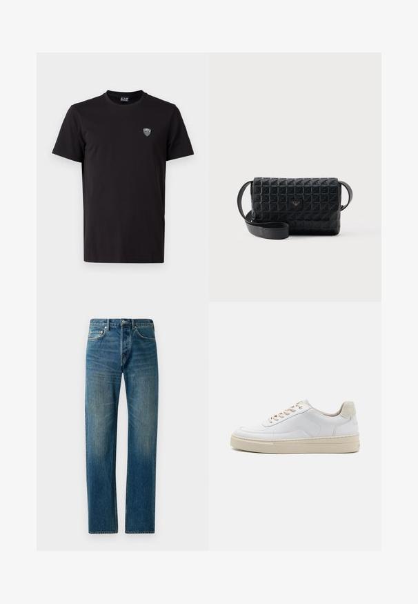 Schwarzes T-Shirt mit kurzen Ärmeln aus glattem Stoff, mit einem dezenten gestickten Logo auf der linken Brust und einem klassischen Rundhalsausschnitt.; Blaue Denim-Jeans im Straight-Leg-Design, ausgestattet mit einem Fünf-Taschen-Stil, dezenten Verwaschungen und kontrastierenden Nähten.; Weiße Sneaker mit einem glatten Lederobermaterial, beigen Schnürsenkeln und einer strukturierten, beigen Wildleder-Fersenschlaufe. Erhöhte Sohle für zusätzlichen Komfort.; Schwarze, strukturierte Umhängetasche mit Klappverschluss und kleinem Metalllogo auf der Vorderseite, vor einem schlichten Hintergrund präsentiert.