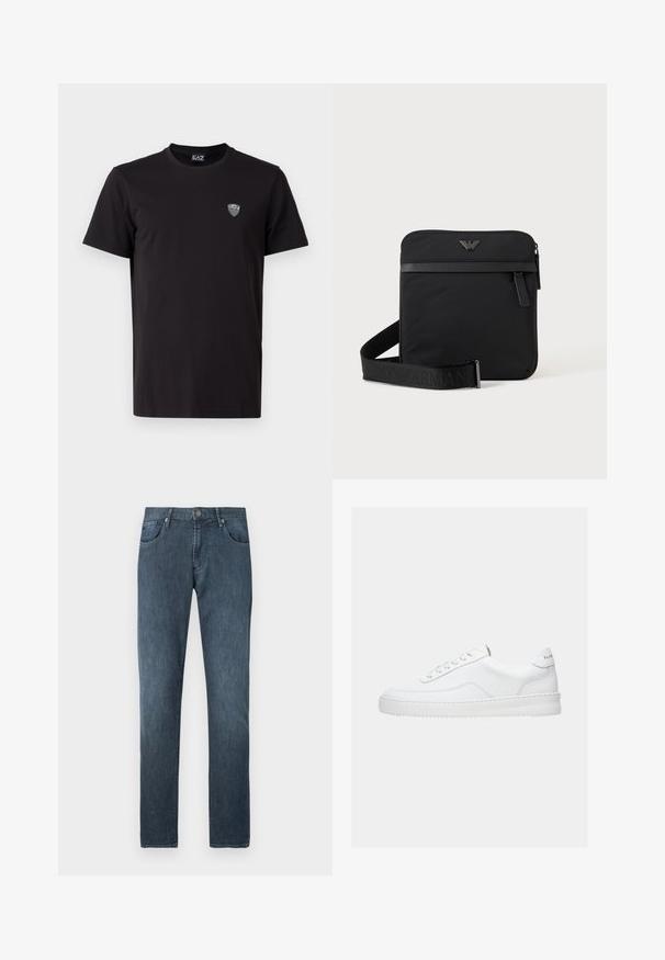 Schwarzes T-Shirt mit kurzen Ärmeln aus glattem Stoff, mit einem dezenten gestickten Logo auf der linken Brust und einem klassischen Rundhalsausschnitt.; Dunkelblaue Jeans aus Denim mit geradem Bein, fünf Taschen, vorderer Knopfverschlüsse und dezenten Nahtdetails.; Weißer Sneaker mit niedrigem Schaft, Schnürdesign, glattem Lederobermaterial und dicker Sohle, von der Seite auf einfachem Hintergrund gezeigt.; Schwarze quadratische Schultertasche mit Reißverschluss, Vordertasche und verstellbarem Riemen mit eingeprägtem Markennamen.