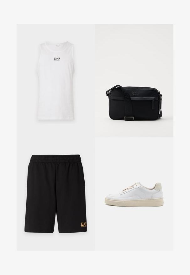 Débardeur blanc sans manches en coton, avec un logo noir EA7 sur la poitrine et un col rond. Texture lisse, design décontracté.; Shorts de sport noirs en tissu doux, avec une taille élastique et un petit logo jaune EA7 sur le bas de la jambe gauche.; Sneaker blanche avec un dessus en cuir lisse, des lacets beige et un onglet de talon en daim beige texturé. Semelle surélevée pour une hauteur supplémentaire.; Sac à bandoulière en nylon noir avec une sangle contrastante, une forme rectangulaire élégante, un détail de logo et une poche zippée à l'avant.