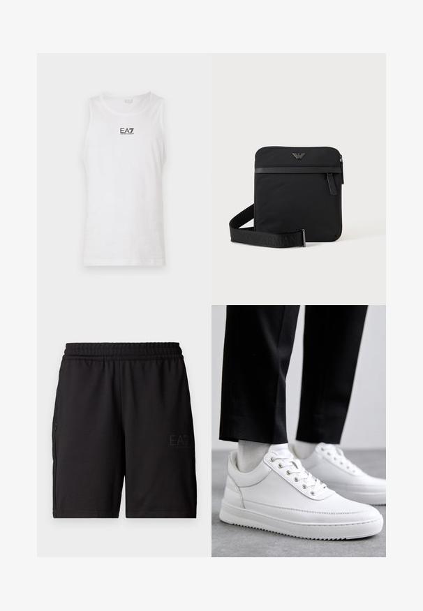 Witte mouwloze tanktop van katoen, met een zwart EA7-logo op de borst en een ronde halslijn. Glad textuur, casual ontwerp.; Zwarte sportshorts van lichtgewicht stof, met een elastische tailleband en zijpanelen van mesh. Merklogo gedrukt op de voorkant.; Witte leren sneakers met een platte rubberen zool, met een soepele afwerking, ronde neus en metalen oogjes voor de veters. Draag ze met een zwarte broek.; Zwarte vierkante schoudertas met ritssluiting, voorvak en verstelbare band met geperste merknaam.