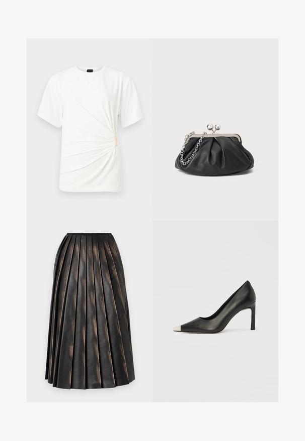T-shirt blanc à manches courtes avec un col rond et un détail froncé sur le côté maintenu par une petite pince beige.; Jupe midi plissée noire avec une finition texturée légèrement brillante et un petit logo près de la ceinture.; Chaussure à talon haut en cuir noir avec bout pointu et capuchon argenté métallique. Présente une finition lisse et un talon fin de 10 cm.; Porte-monnaie en cuir noir avec texture froncée, cadre en métal argenté, fermeture à verrouillage kiss-lock et bandoulière en chaîne. Surface lisse et douce.