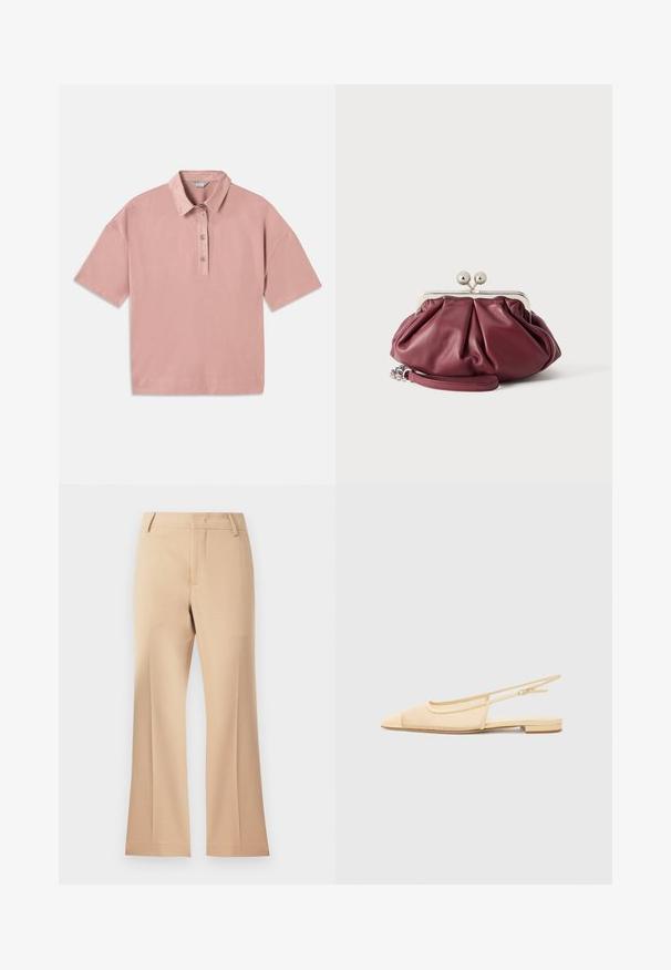 Polo shirt rose à manches courtes avec un col et une patte de boutonnage à quatre boutons. Fabriqué en tissu coton doux, il présente une coupe décontractée.; Pantalons larges beiges avec une texture lisse, dotés d'une taille mi-haute et de plis avant nets. Design simple, sans ornementation visible.; Chaussure plate slingback en beige clair avec une tige en maille, un bout pointu et un petit talon. Dotée d'une sangle ajustable pour un bon maintien.; Petite pochette en cuir bordeaux avec fermoir en métal argenté et bracelet pour poignet sur fond blanc.