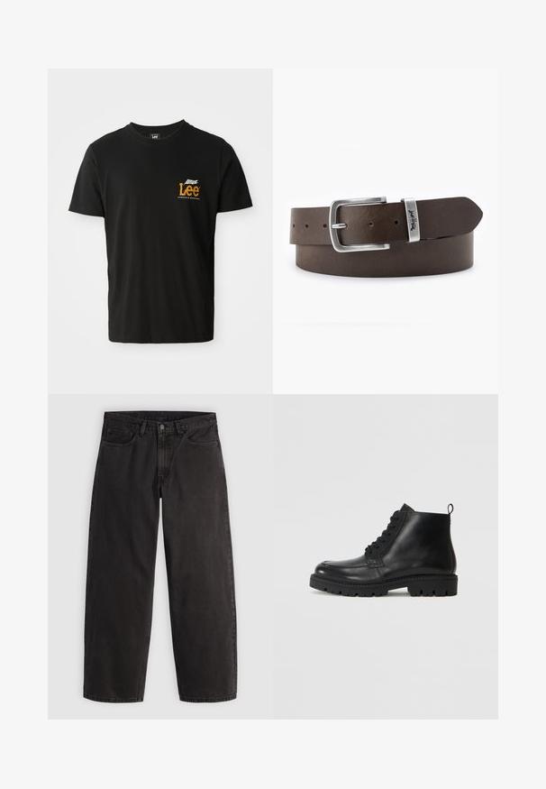 Sort bomulds t-shirt med korte ærmer og rund halsudskæring, prydet med et lille orange og hvidt grafisk logo på venstre brystområdet.; Sorte denimjeans med lige ben, fem lommer og bæltestropper, vist fladt på en ensartet lys baggrund.; Sorte læder ankelstøvler med rund tå, snørebånd fortil og tekstureret gummisål. Inkluderer en løkke ved hælen for nem påføring.; Brunt læderbælte med spænde i sølvmetal, der har en rektangulær form og flere justeringshuller til størrelse.