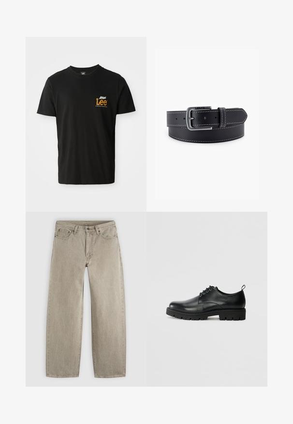 Sort bomulds t-shirt med korte ærmer og rund halsudskæring, prydet med et lille orange og hvidt grafisk logo på venstre brystområdet.; Beige jeans med lige ben i denim med forlommer, bæltestropper, knaplukning og synlige syninger på en ensfarvet lys baggrund.; Sort læder sko med en rund tå, der har snørelukning, solid sort gummisål og en lille hælflap bagpå.; Sort læderbælte med en sølvfarvet metalspænde, kontrasterende hvide syninger og en glat overflade. Indeholder flere justeringshuller.