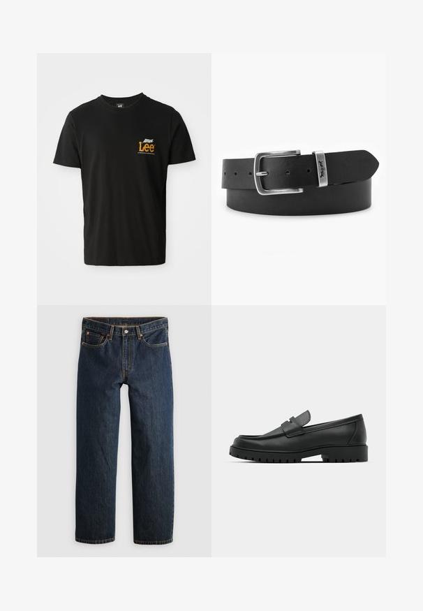 Schwarzes Baumwoll-T-Shirt mit kurzen Ärmeln, Rundhalsausschnitt, das ein kleines orange-weißes Grafiklogo im linken Brustbereich zeigt.; Dunkelblaue Jeans aus Denim mit geradem Bein. Verfügen über fünf Taschen, kontrastierende Naht und eine Knopfverschluss am Bund.; Schwarze Lederloafer mit runder Zehenform, ausgestattet mit einem gesteppten Design, niedrigem Plattformsohle und einer strukturierten, genoppten Gummisohle.; Schwarzer Ledergürtel mit einer silbernen rechteckigen Schnalle und einem Logodesign. Verfügt über mehrere Löcher zur verstellbaren Größenanpassung und eine glatte Oberfläche.