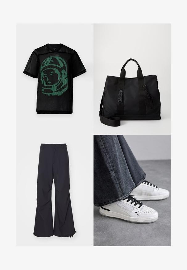 Chemise à manches courtes en mesh noir avec un graphisme vert représentant le visage d'un astronaute à l'avant. Légère avec un design en col en V.; Pantalons à jambe large bleu marine en tissu lisse, dotés de deux poches avant et d'accents en cordon à l'ourlet. Design épuré et bien taillé sans embellissements.; Baskets blanches avec des lacets noirs et des détails en maille. Dotées d'une tige en cuir lisse et d'une semelle en caoutchouc texturée. Associées à un jean gris à jambes larges.; Sac fourre-tout en nylon noir avec double anses supérieures, bandoulière réglable et détails de logo gaufré. Texture lisse avec une étiquette attachée.