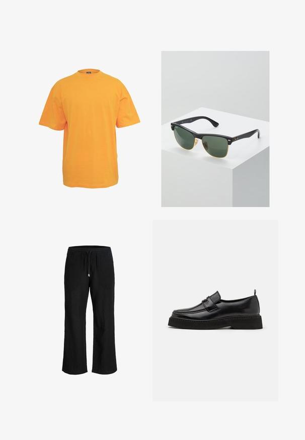 Oranges Baumwoll-T-Shirt mit rundem Halsausschnitt, kurzen Ärmeln und lockerer Passform. Keine Muster oder Akzente. Glatte Textur.; Schwarze weite Hose mit elastischem Bund und Kordelzug, aus leichtem, strukturiertem Stoff.; Schwarze Leder Slipper mit flacher, strukturiertem Sohlen, mit einer gestickten Zehenpartie und einem Riemen über dem Spann.; Ray-Ban Sonnenbrillen mit grünen Gläsern, schwarzen Kunststoffrahmen und goldenen Akzenten an den Rändern. Quadratische Form mit matter Oberfläche.