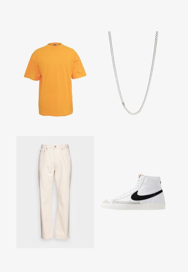 Oranje katoenen t-shirt met een ronde hals, korte mouwen en een relaxed fit. Geen patronen of accenten. Coffee textuur.; Crème-kleurige denim jeans met een rechte pijpdesign. Beschikt over vijf zakken, sluiting met knoop aan de voorkant en contrasterende stikseldetails.; Witte hoge sneakers met een zwarte swoosh, textuur grijze neus en een vlakke witte zool. Kenmerkt zes veteropeningen en gestikte accenten.; Zilveren ketting met in elkaar grijpende schakels, een gladde textuur en een uniforme rechthoekige vorm. Veilige sluiting.