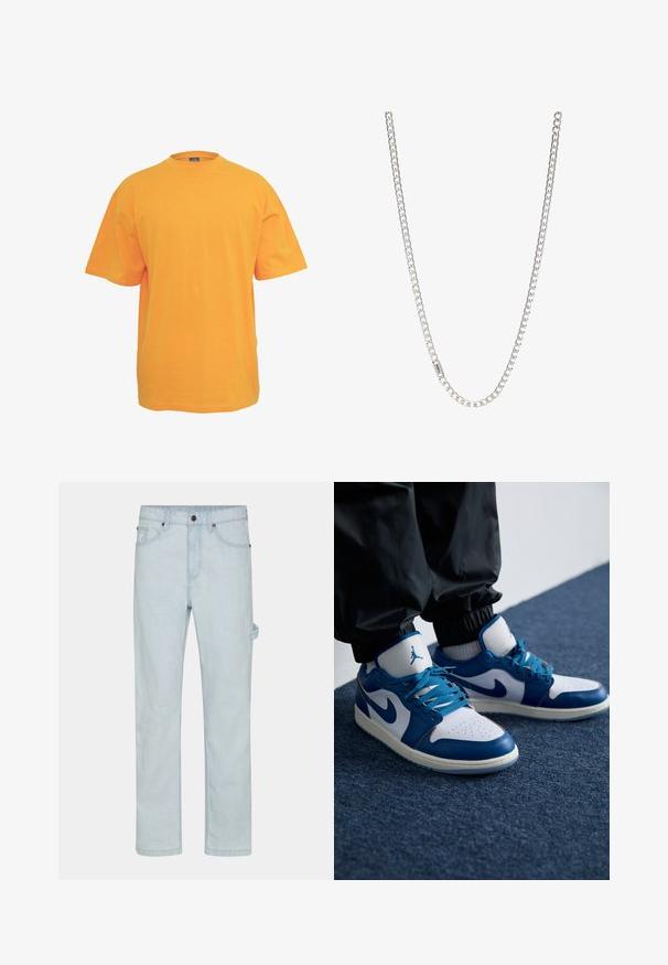 Oranges Baumwoll-T-Shirt mit rundem Halsausschnitt, kurzen Ärmeln und lockerer Passform. Keine Muster oder Akzente. Glatte Textur.; Hellblaue Jeans, gerade geschnitten, mit Knopfverschluss, fünf Taschen und seitlichen Schlaufen für zusätzliche Funktionalität.; Die Nike Air Jordan Sneakers verfügen über eine weiße Lederbasis mit blauen synthetischen Akzenten, einer perforierten Zehenbox und blauen Schnürsenkeln.; Silberne Kettenhalskette mit ineinandergreifenden Gliedern, glatter Textur und einheitlicher rechteckiger Form. Sicherer Verschluss.