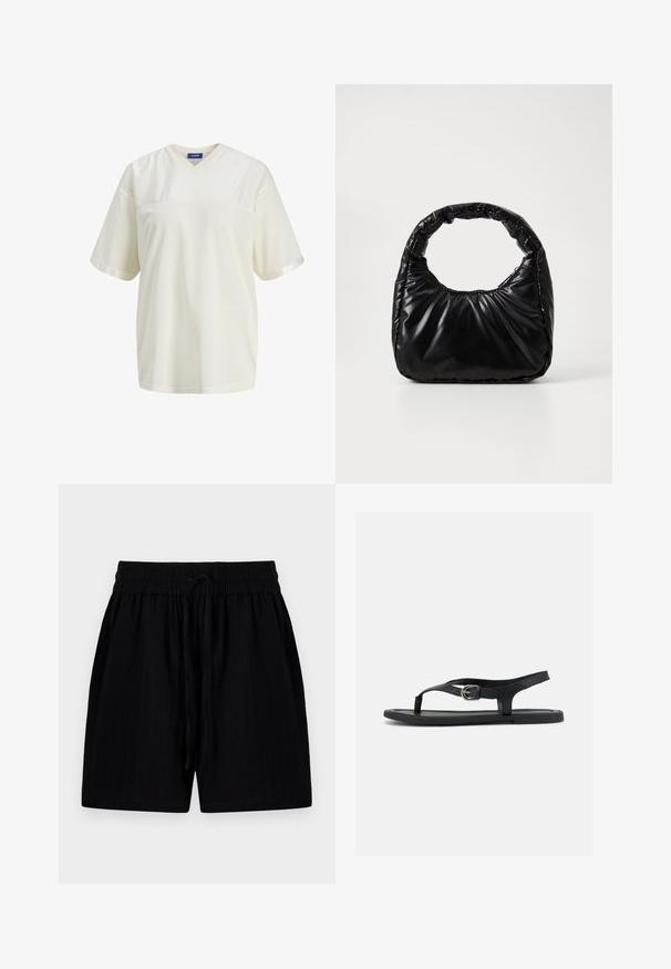 Off-white kurzärmeliges V-Ausschnitt-Sportshirt mit perforiertem Mesh-Material und glattem oberen Brustpanel.; Schwarze Shorts aus leichtem Material mit einem verstellbaren Bund, ausgestattet mit Seitentaschen und einer strukturierten Oberfläche.; Schwarze flache Sandale mit Knöchelriemen, Zehensteg und silberner Schnalle auf glatter Sohle, seitlich auf weißem Hintergrund dargestellt.; Schwarze gepolsterte Handtasche mit einem runden Griff, die eine glatte, glänzende Oberfläche und eine weiche, gestepfte Textur aufweist. Keine sichtbare Hardware oder Akzente.