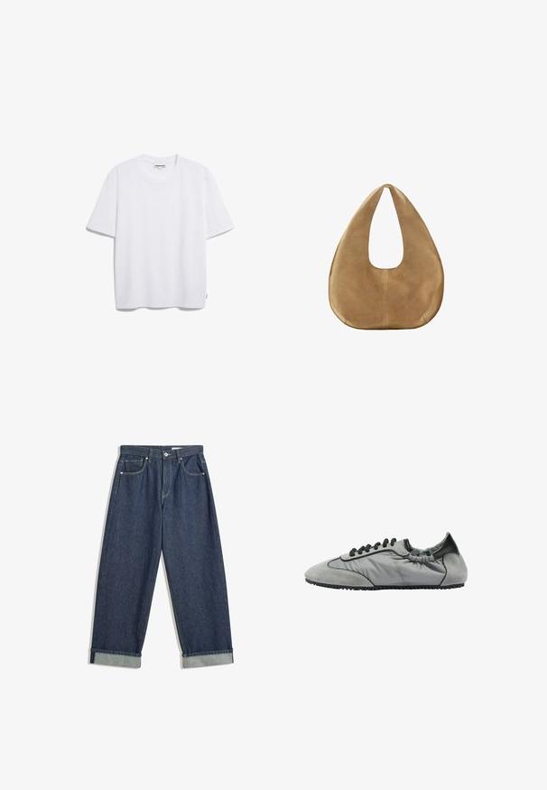 Weißes Baumwoll-T-Shirt mit kurzen Ärmeln, runder Halslinie und lockerer Passform. Keine sichtbaren Muster oder Logos. Glatte Textur.; Dunkelblaue, weit geschnittene Jeans aus Denim mit umgeschlagenen Säumen, vorderem Knopf und Reißverschluss, Gürtelschlaufen und fünf Taschen.; Grauer und schwarzer Sneaker mit niedrigem Profil, Wildledereinsätzen, schwarzen Schnürsenkeln, elastischer Ferse und geriffelter Sohle, seitlich dargestellt.; Hellbraune Wildleder-Hobo-Tasche mit breitem, rundem Korpus und einem flachen Henkel, vor weißem Hintergrund abgebildet.