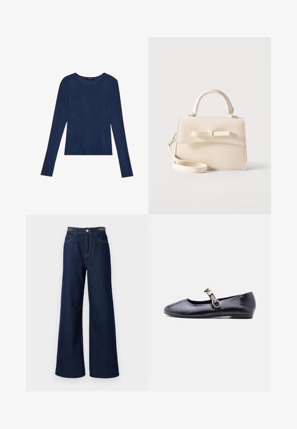 Top de manga larga navy en tejido suave, con escote redondo y costuras planas en las mangas, con un ajuste relajado.; Los pantalones vaqueros de pierna ancha de denim azul oscuro cuentan con una cintura alta, acentos de cadena dorada en la pretina y detalles de costura en contraste a lo largo de la prenda.; Zapato plano Mary Jane de cuero negro con hebilla dorada en forma de flor y dos decoraciones de flores en la correa, mostrado de perfil lateral.; Pequeño bolso beige con asa superior, correa desmontable, solapa frontal y lazo decorativo horizontal sobre un fondo liso.