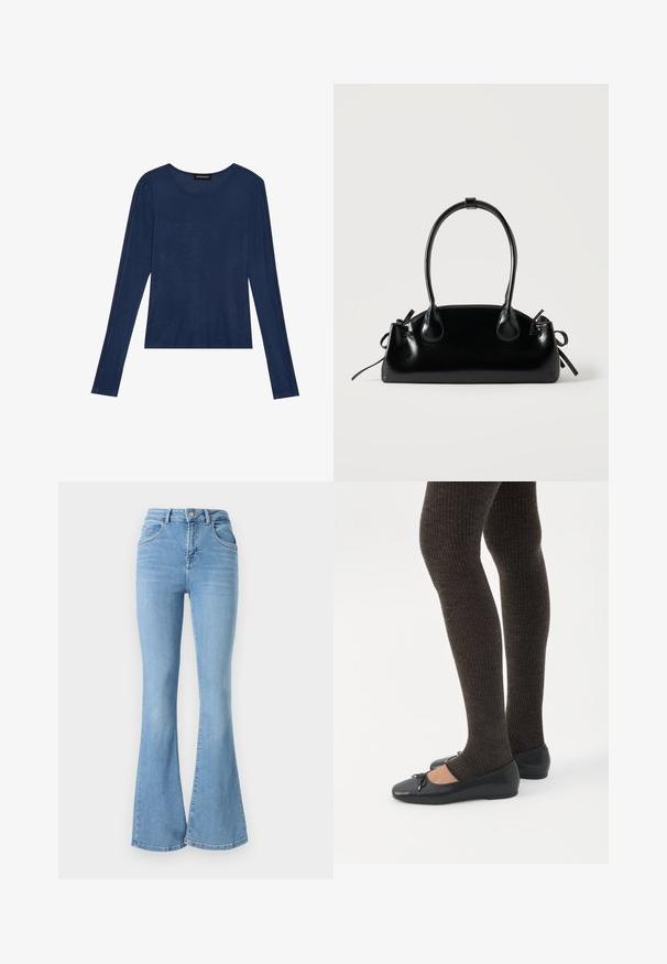 Mørkeblå bluse med lange ærmer i blødt stof, har en rund halsudskæring og flade sømme langs ærmerne, med en afslappet pasform.; Lysblå flagrende jeans lavet af denim, med høj talje, to forlommer og syede detaljer langs sømmene.; Ben iført mørke ribbede leggings kombineret med sorte balletsko med små sløjfedetaljer på hvid baggrund.; Lille sort blank håndtaske med to lange håndtag og snøre-detaljer i siden på en ensfarvet lys baggrund.