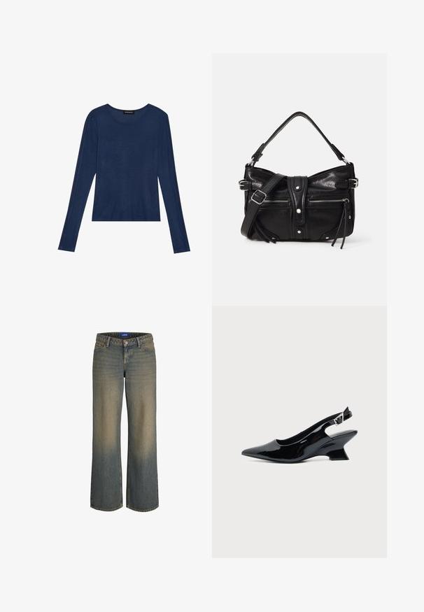 Mørkeblå bluse med lange ærmer i blødt stof, har en rund halsudskæring og flade sømme langs ærmerne, med en afslappet pasform.; Bredde ben blå denim jeans med en lys til mørk gradient, fem-lomme design og lukning med knap. Syede detaljer på kanterne.; Sort laklæder slingback sko med spids tå og lav vinklet blokhæl på ensartet lys baggrund.; Even&Odd H24462 - Håndtasker - black