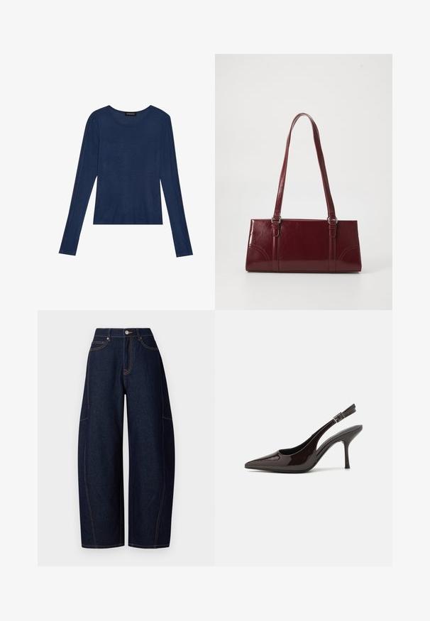 Top de manga larga navy en tejido suave, con escote redondo y costuras planas en las mangas, con un ajuste relajado.; Pantalones de mezclilla oscuros de pierna ancha con costuras naranjas en contraste, cinco bolsillos y un cierre de botón y cremallera en la cintura.; Zapato de tacón alto tipo slingback en piel sintética brillante de color marrón oscuro, con punta afilada, laterales abiertos y correa ajustable en el tobillo.; Bolso burdeos hecho de material brillante, de forma rectangular, con dos asas para el hombro y sutiles acentos curvados en la parte frontal.