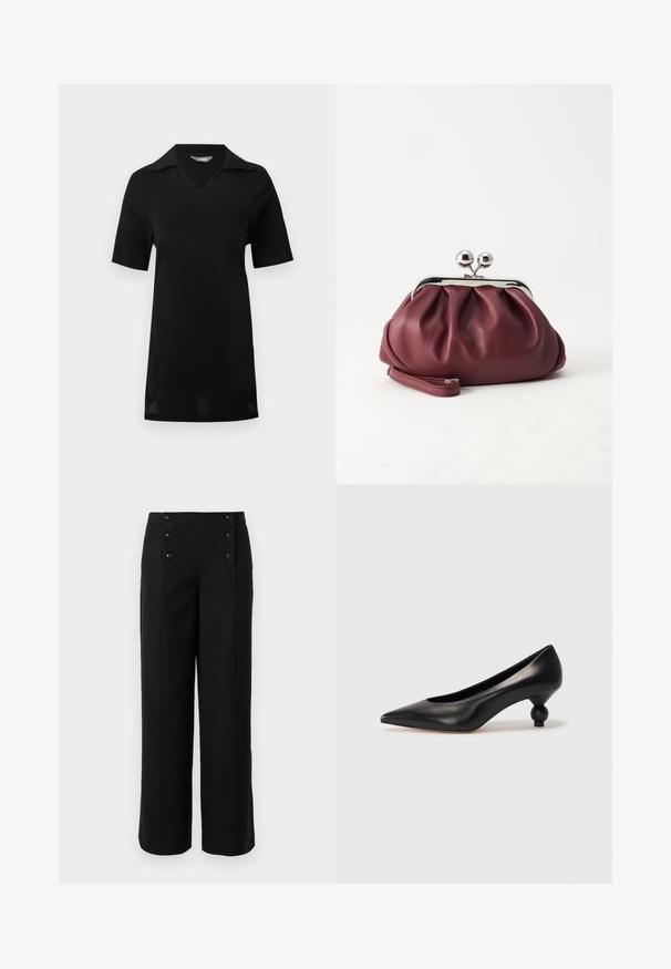 Robe noire à manches courtes avec col et encolure en V, longueur genou, présentée sur un fond clair uni.; Pantalons larges noirs en tissu lisse, avec une taille haute et cinq boutons sur le devant pour la fermeture. Design élégant et ajusté.; Chaussure à talon haut en cuir noir avec un bout pointu et un talon arrondi. Texture lisse avec un design épuré et minimal.; Petit sac pochette en cuir bordeaux avec fermoir métallique argenté et bracelet sur fond blanc.
