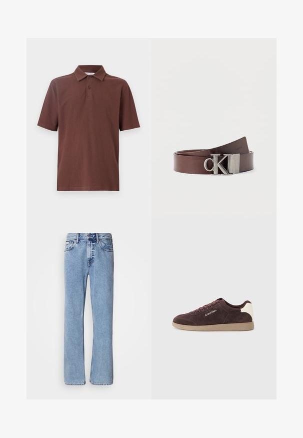 Camiseta polo marrón hecha de tela transpirable, con un cuello clásico y una tapeta de tres botones, con un logo sutil en el pecho.; Jeans de mezclilla azul claro con un diseño de pierna recta, cinco bolsillos y cierre de botón. Detalles de costura cerca de los bolsillos y la cintura.; Zapatillas de ante marrón con un acento en el talón de color beige claro, presentan un logotipo blanco en el lateral, punta redonda y suela de goma beige.; Cinturón de cuero marrón enrollado con hebilla metálica con el logo "CK", diseño minimalista sobre fondo blanco liso.