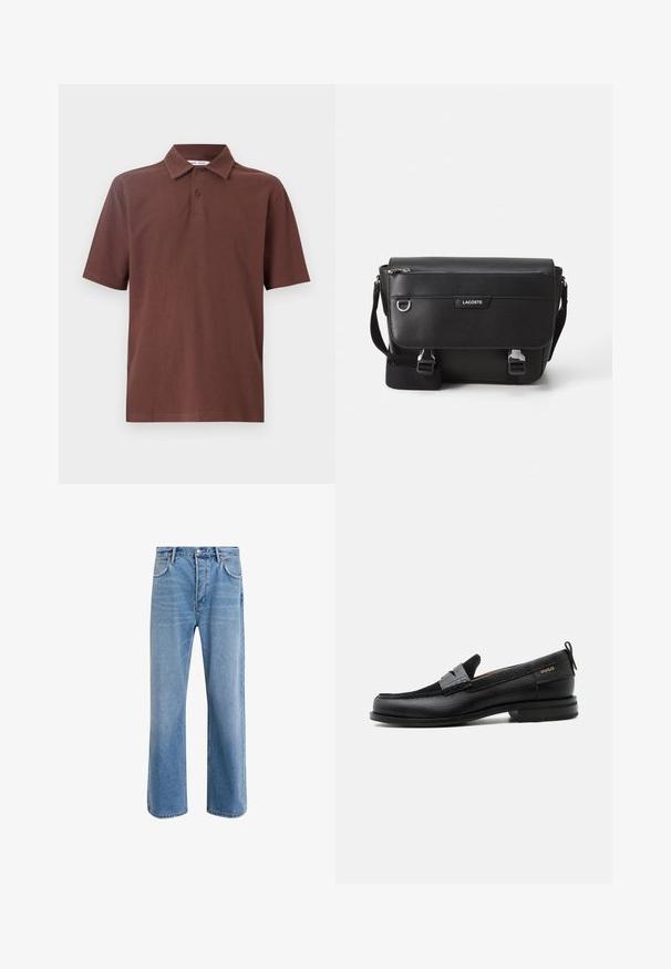 Brun polo-shirt lavet af åndbart stof, med en klassisk krave og tre-knaps placket, samt et diskret logo på brystet.; Lyseblå denim jeans med lige ben-design, fem lommer, knaplukning, minimal falming og kontraststingdetaljer.; Sort læderloafer med grå remdetalje, lav hæl og tekstureret sål, mærket med "HUGO" i guld på siden.; Sort tekstureret Lacoste messengertaske med justerbar rem, frontklap, lynlås lomme og metalspænder.