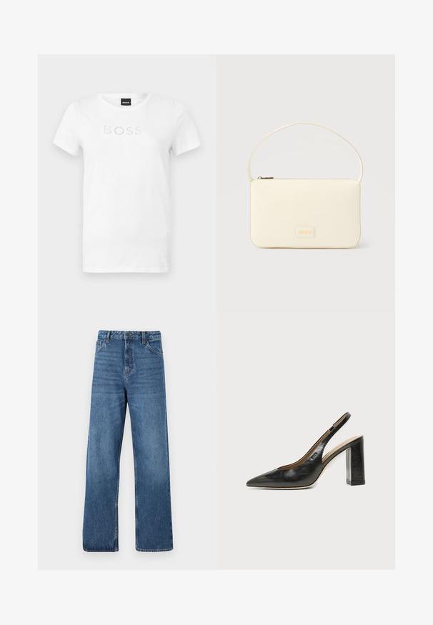 T-shirt blanc à manches courtes et col rond avec le texte "BOSS" composé de petits motifs circulaires sur la poitrine, présenté sur un fond uni.; Jean denim bleu taille haute avec une coupe large, présentant une texture lisse, des détails de couture minimaux et un style classique à cinq poches.; Chaussure slingback en cuir noir à bout pointu avec un talon bloc haut et une doublure intérieure beige sur un fond clair uni.; Sac à main rectangulaire de couleur crème avec une seule sangle et une fermeture éclair sur le dessus, comportant une petite plaque de logo embossé à l'avant.