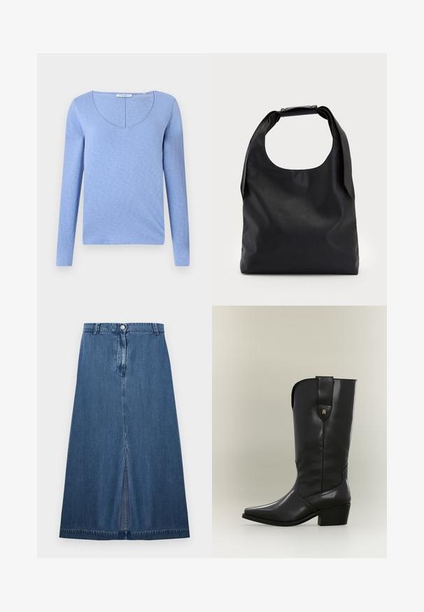 Top de manga larga azul claro con escote en V, hecho de una suave tela texturada, que presenta una costura a lo largo del escote y un dobladillo recto.; Falda vaquera en azul oscuro con corte recto y una abertura central en el dobladillo. Presenta una cinturilla estándar y cierre con botón metálico.; Bota cowboy alta de cuero negro con punta puntiaguda, tacón grueso y lengüeta con un pequeño logo dorado.; Bolso de mano de cuero negro con una gran abertura superior y una sola correa para el hombro. Textura suave, diseño minimalista, con detalles sutiles de herrajes.