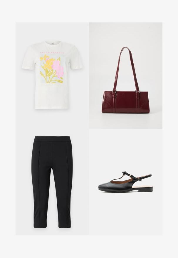 T-shirt en coton blanc avec un imprimé floral coloré comprenant des fleurs jaunes et roses, avec le texte encadré "PETAL PERFECT" en rose, sur un fond bleu clair.; Pantalons capri noirs en tissu extensible avec une texture lisse, présentant une taille ajustée et des détails de coutures sur le devant.; Chaussure plate slingback en cuir noir avec bride en T et boucle dorée sur fond neutre.; Sac à main bordeaux en matériau brillant, de forme rectangulaire, avec deux anses et des accents légèrement courbés à l'avant.