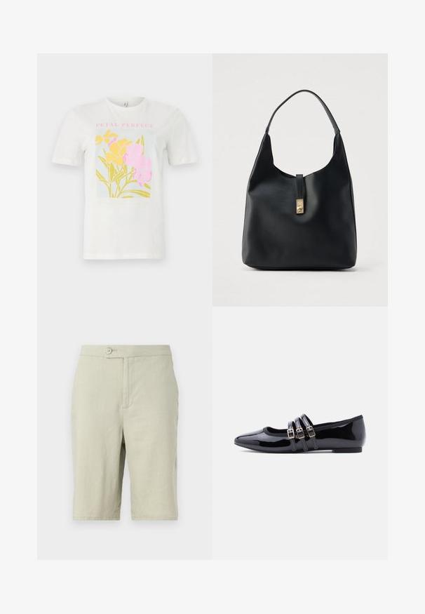 T-shirt en coton blanc avec un imprimé floral coloré comprenant des fleurs jaunes et roses, avec le texte encadré "PETAL PERFECT" en rose, sur un fond bleu clair.; Shorts gris clair en tissu doux. Dotés d'une fermeture à bouton, de poches latérales et d'une coupe droite.; Ballerines en cuir verni noir avec un bout pointu, ornées de trois brides décoratives avec des boucles métalliques. Finition lisse et petit talon.; Sac hobo en cuir noir à finition texturée, doté d'un fermoir doré et d'une anse incurvée unique pour un port à l'épaule.
