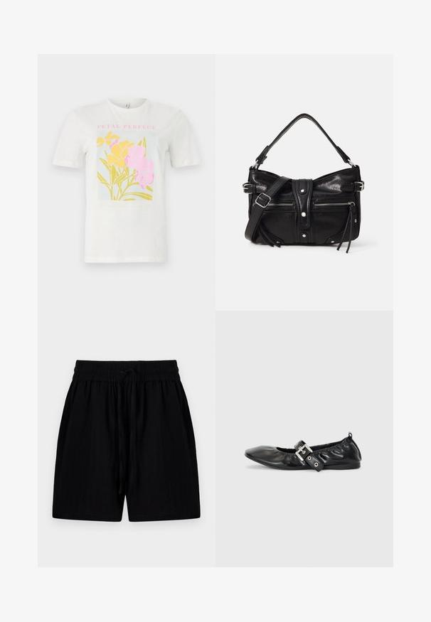 T-shirt en coton blanc avec un imprimé floral coloré comprenant des fleurs jaunes et roses, avec le texte encadré "PETAL PERFECT" en rose, sur un fond bleu clair.; Shorts noirs en tissu léger avec une ceinture à cordon de serrage, comportant des poches latérales et une surface texturée.; Chaussure plate en cuir noir avec un nez pointu, des détails froncés autour de l'ouverture et un accent en boucle argentée sur la bride ajustable.; Even&Odd by Zalando H24462 - Sac à main - black