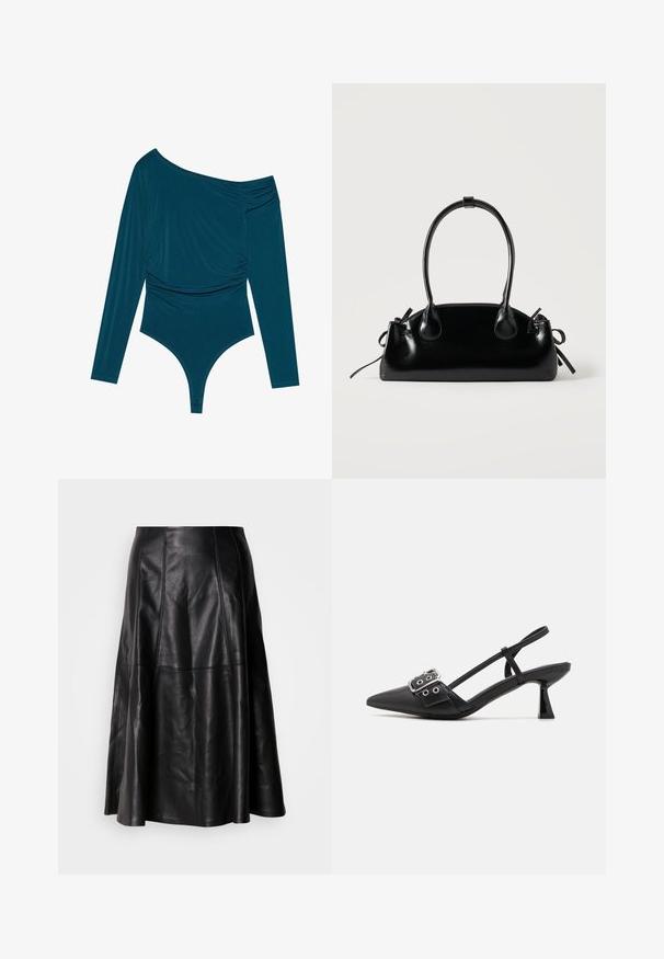 Teal langærmet bodysuit med én skulder, samlet tekstur på den ene side og glat finish. Har en thongedel i bunden.; Sort lædernederdel med en flagrende silhuet, der har synlige sømme og en glat tekstur. Mellemlang design med en klassisk snit.; Simmi London DALA - Pumps - black; Lille sort blank håndtaske med to lange håndtag og snøre-detaljer i siden på en ensfarvet lys baggrund.