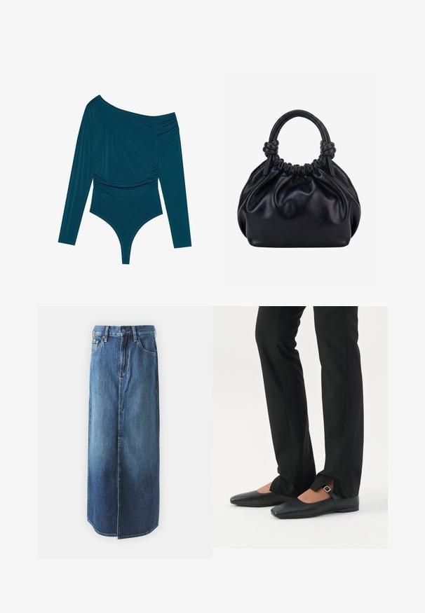 Bodysuit à manches longues teal avec un design asymétrique, texture froncée d'un côté et finition lisse. Présente une coupe thong en bas.; Jupe midi en denim bleu, avec une coupe droite, fermeture à boutons sur le devant, passants de ceinture et deux poches latérales. Tissu doux et texturé.; Jambes vêtues d’un pantalon slim noir avec des fentes à l’avant de l’ourlet, assorties à des chaussures plates Mary Jane noires avec une petite bride à boucle.; Sac à main en cuir noir souple avec le dessus froncé et deux grosses poignées nouées sur un fond uni clair.