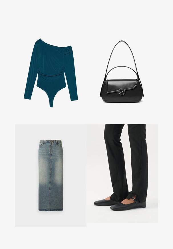 Türauer Langarm-Bodysuit mit einem Schulterdesign, geraffter Textur auf einer Seite und glatter Oberfläche. Verfügt über einen Tanga-Schnitt am unteren Ende.; Denim-Midi-Rock in Hellblau mit einem verblassten Finish. Verfügt über einen frontalen Reißverschluss und Knopfverschluss, geraden Schnitt und minimale Stickdetails.; Beine in schwarzen schmalen Hosen mit vorderen Schlitzen am Saum, kombiniert mit schwarzen flachen Mary-Jane-Schuhen mit kleinem Schnallenriemen.; Schwarze Lederschultertasche mit einer geschwungenen Klappe, die durch einen runden Metallverschluss gesichert ist, und einem schlanken, verstellbaren Riemen.