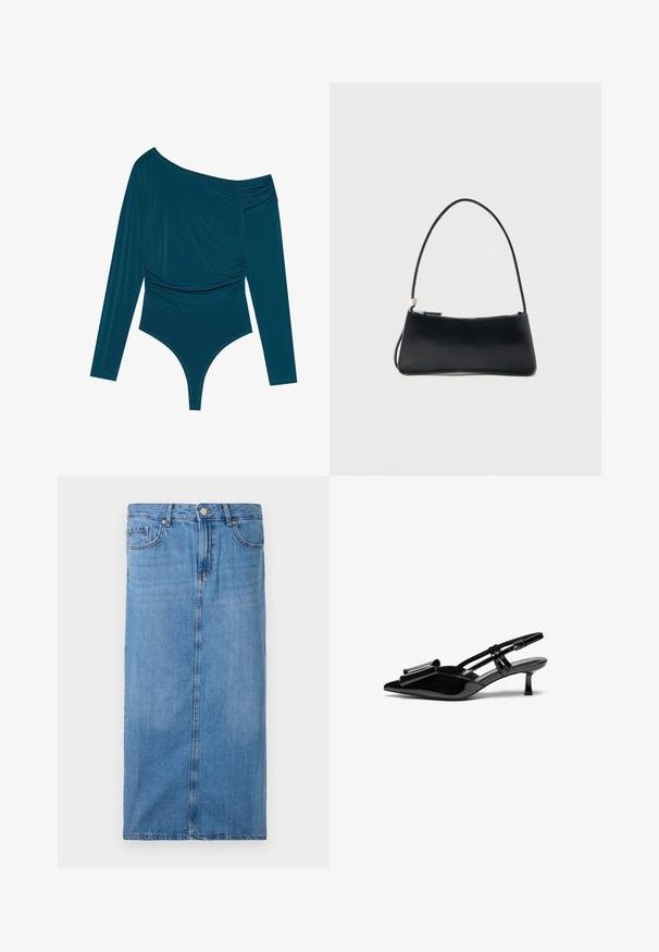 Bodysuit à manches longues teal avec un design asymétrique, texture froncée d'un côté et finition lisse. Présente une coupe thong en bas.; Jupe midi en denim bleu clair, avec une silhouette droite, une couture frontale, et une taille standard avec cinq passants de ceinture et une fermeture à bouton en métal.; Talons aiguilles en cuir verni noir avec un bout pointu, un détail en nœud à l'avant et un petit talon stiletto. Les brides sont équipées de boucles ajustables.; Sac à main rectangulaire noir avec une fine bandoulière et fermeture éclair, présenté sur un fond blanc uni.