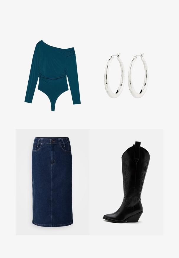 Teal langærmet bodysuit med én skulder, samlet tekstur på den ene side og glat finish. Har en thongedel i bunden.; Denim midi nederdel i mørkeblå, med lige snit, forlommer og kontrasterende orange syninger. Glat tekstur med minimal detaljering.; Sort læder cowboystøvle med spidst tåparti, skråt blokhælhæl, dekorative sømme og trækstropper øverst mod hvid baggrund.; Sølvøreringe i form af hoops med en glat, blank finish. Cirkulær form, der har en sikker lås. Simpelt og elegant design.