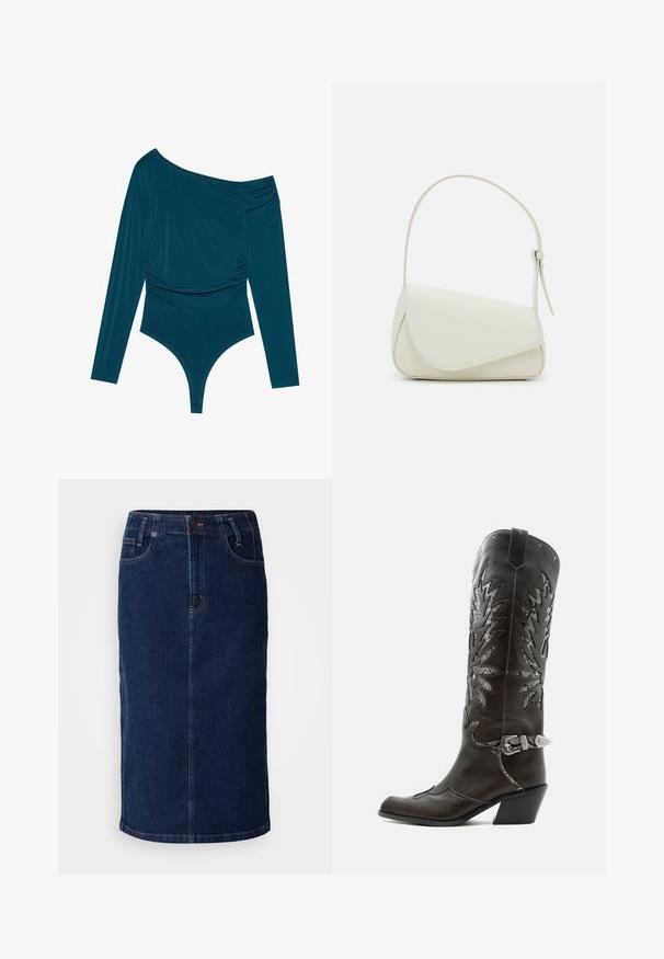 Teal langærmet bodysuit med én skulder, samlet tekstur på den ene side og glat finish. Har en thongedel i bunden.; Denim midi nederdel i mørkeblå, med lige snit, forlommer og kontrasterende orange syninger. Glat tekstur med minimal detaljering.; Sort læder cowboystøvle med dekorative udskæringer, sølvspænde og skrå hæl, vist på hvid baggrund.; Hvid taske i faux læder med en struktureret trekantet form, enkelt justerbart skulderstrop og en flaplås med kurver.