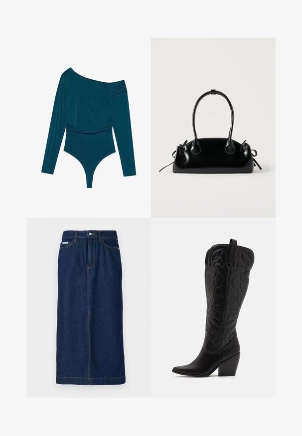 Teal langærmet bodysuit med én skulder, samlet tekstur på den ene side og glat finish. Har en thongedel i bunden.; Jeans nederdel i mørkeblå med lige skæring, har orange stikninger, en talje med bæltestropper og forlommer.; Sorte knæhøje støvler i læder med spids snude og lagdelt hæl. Har dekorative syninger og buede designelementer.; Lille sort blank håndtaske med to lange håndtag og snøre-detaljer i siden på en ensfarvet lys baggrund.