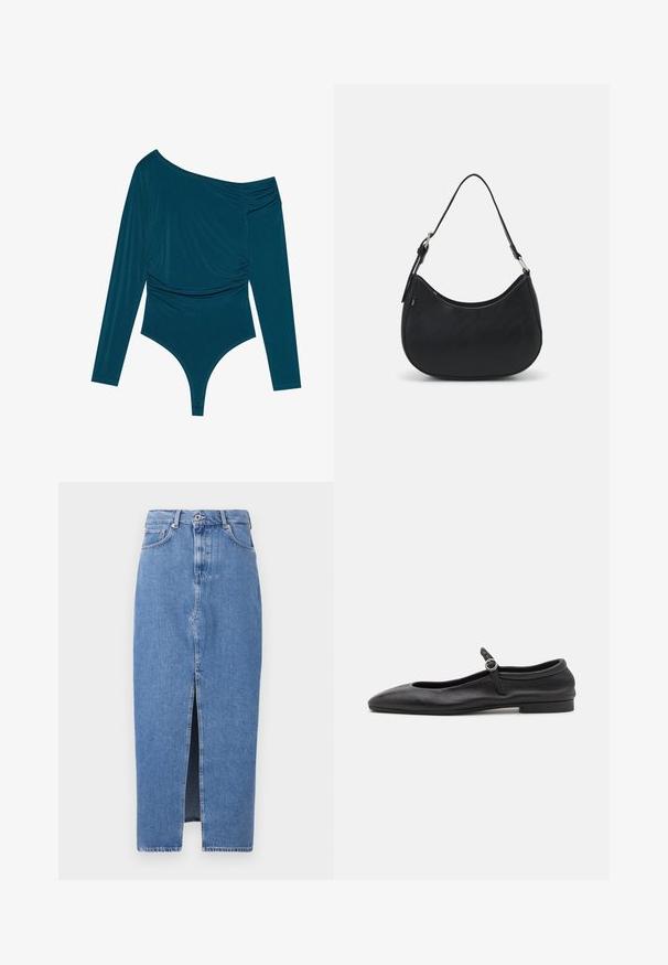 Türauer Langarm-Bodysuit mit einem Schulterdesign, geraffter Textur auf einer Seite und glatter Oberfläche. Verfügt über einen Tanga-Schnitt am unteren Ende.; Hellblaues Denim-Midi-Rock mit einem vorderen Schlitz, klassischem Fünf-Taschen-Design und einem oberen Knopfverschluss. Der Stoff hat eine leichte Textur.; Schwarze Leder-Ballettschuhe mit einer abgerundeten Zehe, schmalem Vorderblatt und einem kleinen Knöchelriemen mit einer runden Schnalle. Niedrige, flache Sohle.; Schwarze Hobo-Tasche aus glattem Leder mit einer geschwungenen Silhouette, ausgestattet mit einem einzelnen verstellbaren Trageriemen und minimalistischem Design.